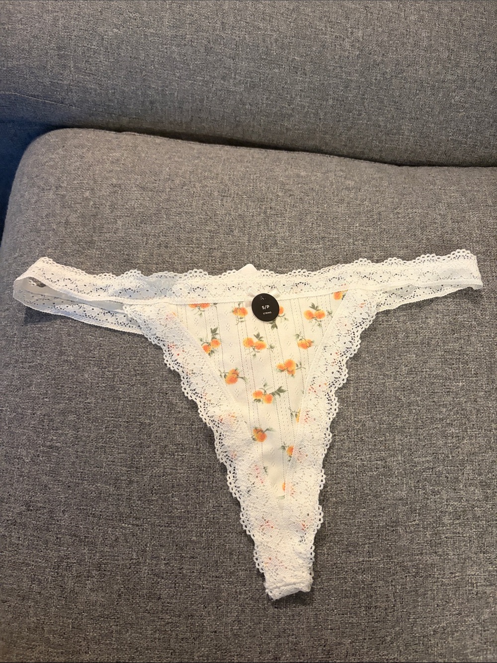 La Vie En Rose White Thong Panty with Orange Floral Print